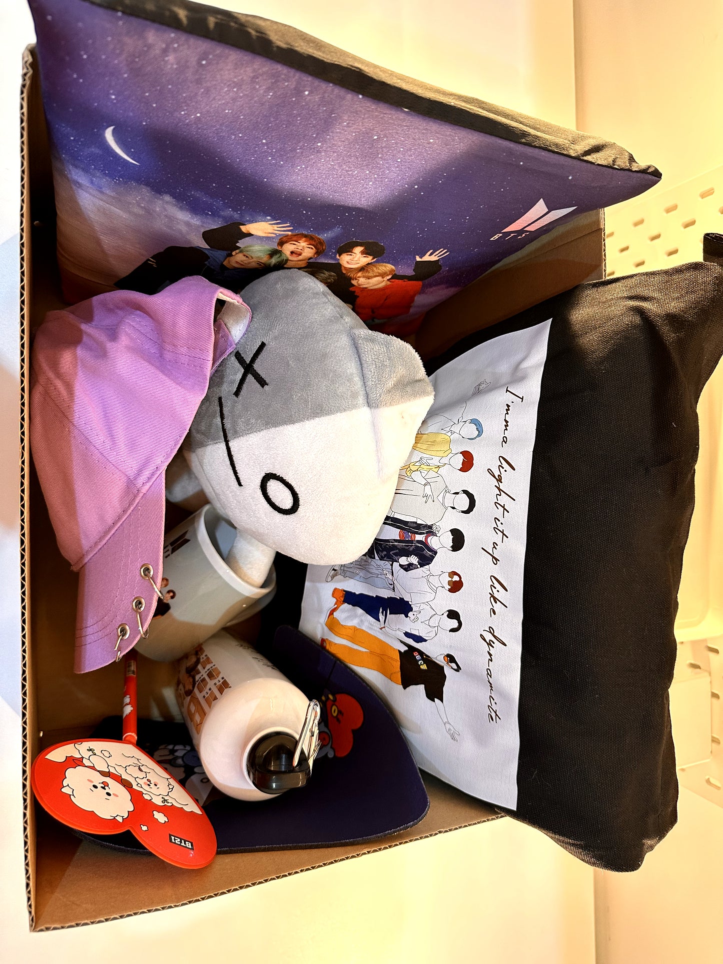 K-pop Fan Box | Curated BTS-Inspired Set with Cap, Water Bottle, Pillow, Plush & Accessories | ARMY Gift Pack